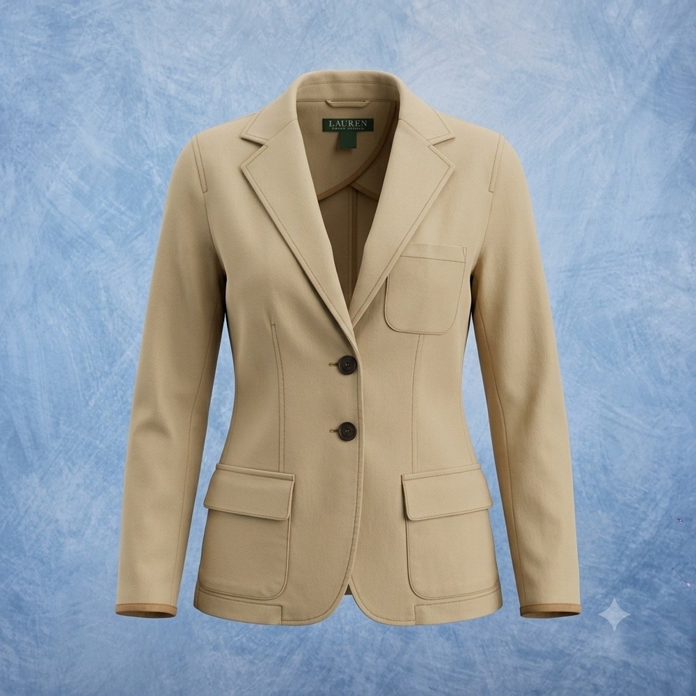 Lauren Ralph Lauren Tan Khaki Cotton Twill Blazer Jacket Monogram Buttons Size 2